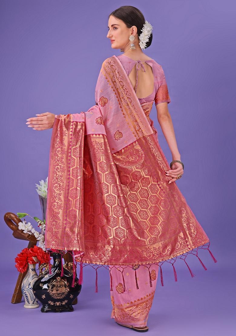 Light Pink Zari Work Linen Cotton Saree Set