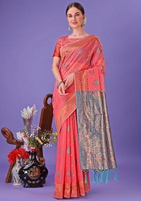 Pink Zari Work Linen Cotton Saree Set