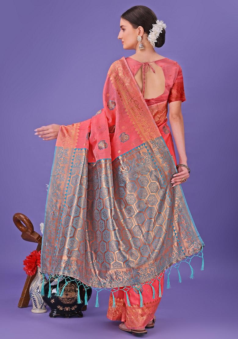 Pink Zari Work Linen Cotton Saree Set