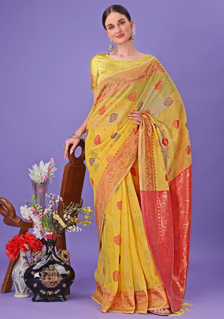Yellow Zari Work Linen Cotton Saree Set