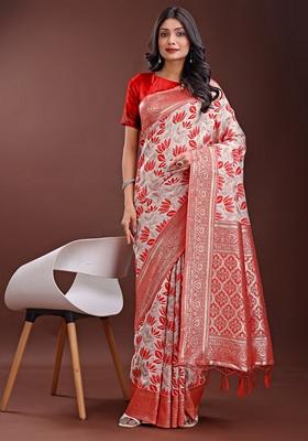 Red Zari Work Linen Cotton Saree Set