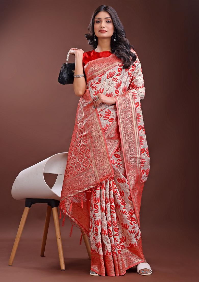 Red Zari Work Linen Cotton Saree Set