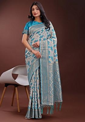 Sea Green Zari Work Linen Cotton Saree Set