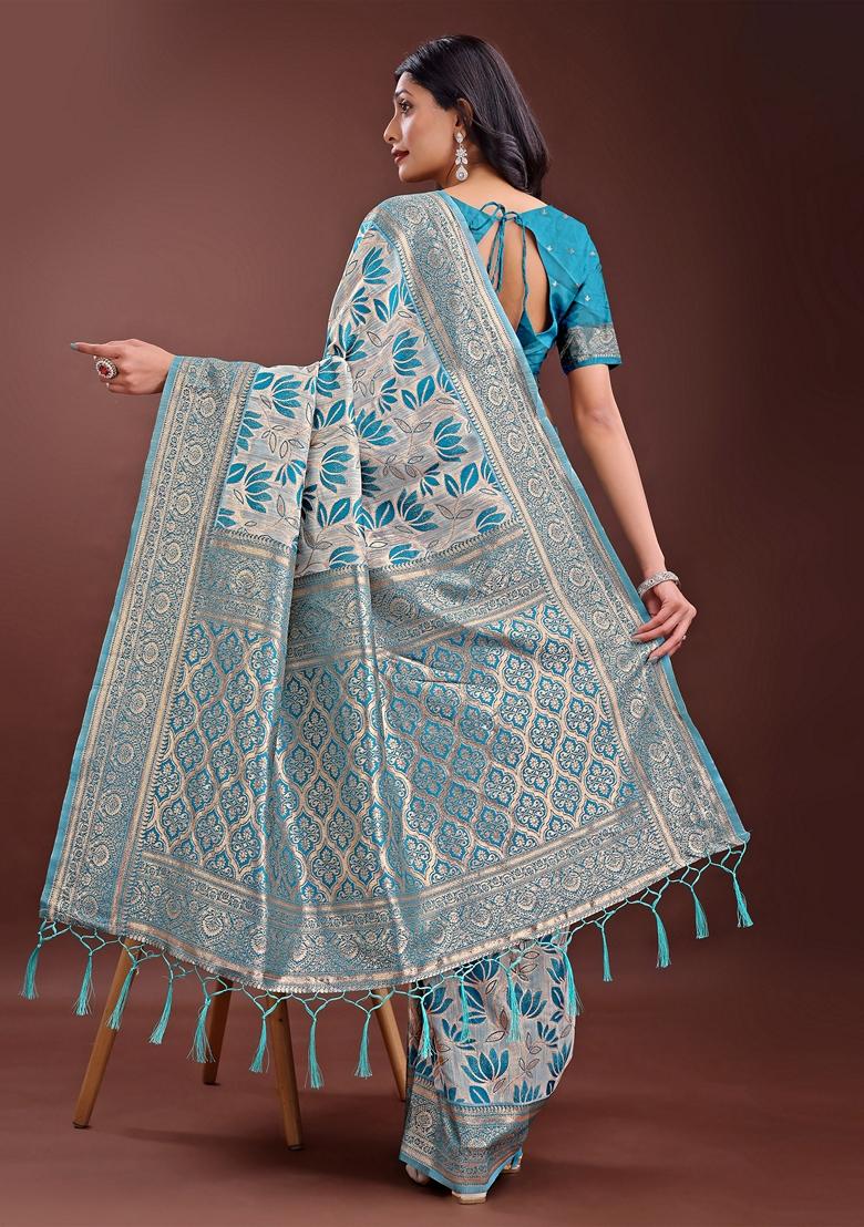 Sea Green Zari Work Linen Cotton Saree Set