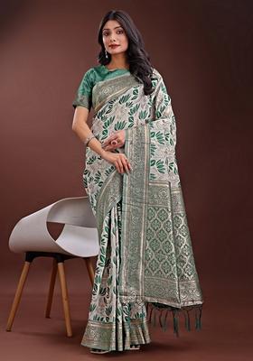 Green Zari Work Linen Cotton Saree Set