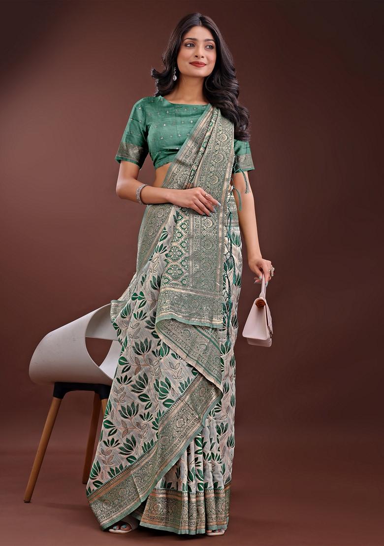 Green Zari Work Linen Cotton Saree Set