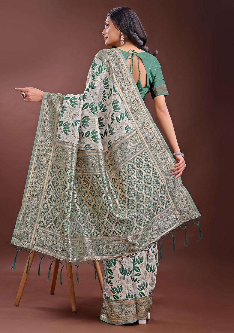 Green Zari Work Linen Cotton Saree Set