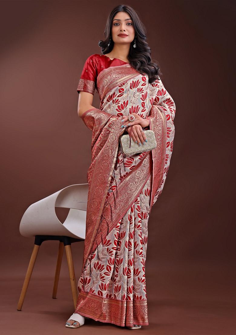 Maroon Zari Work Linen Cotton Saree Set