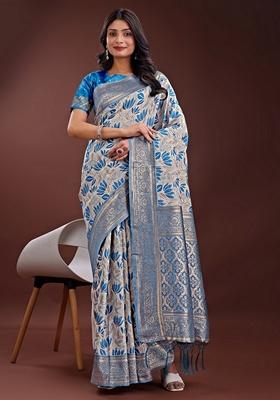 Sky Blue Zari Work Linen Cotton Saree Set