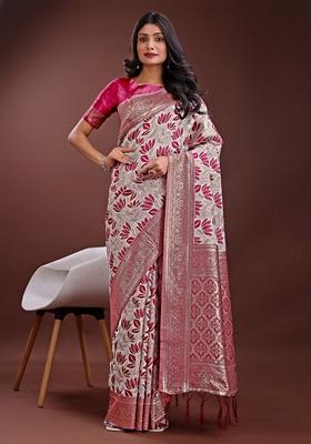 Purple Zari Work Linen Cotton Saree Set