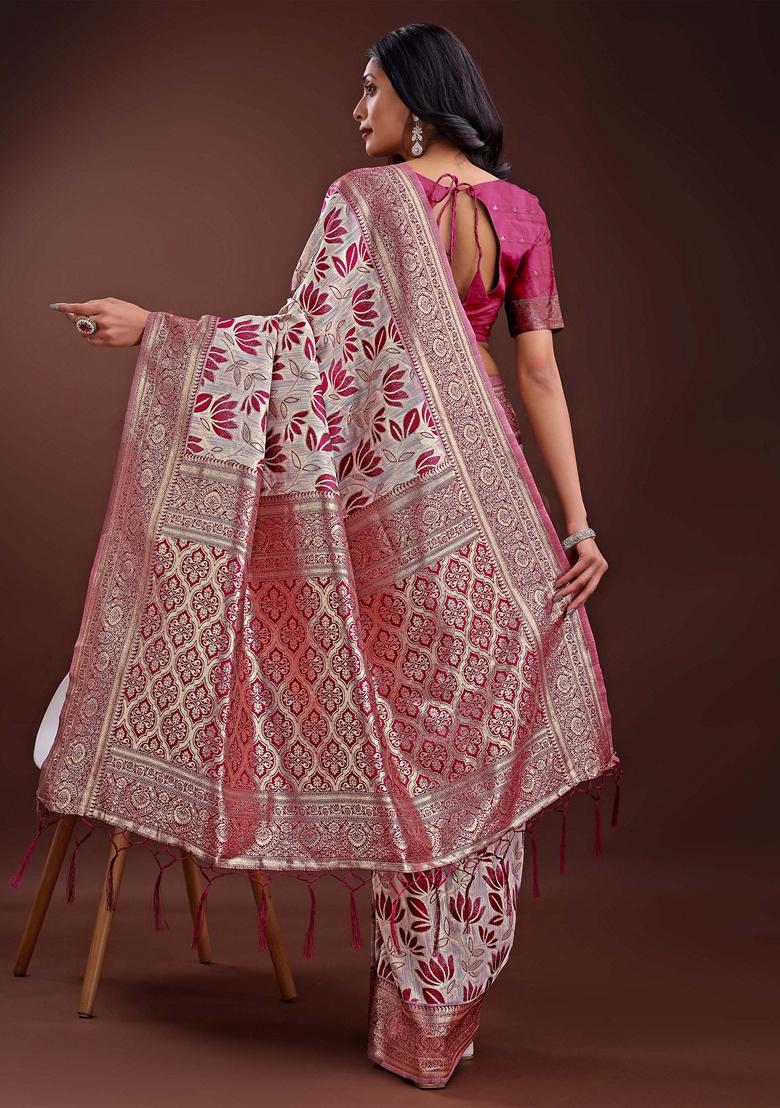 Purple Zari Work Linen Cotton Saree Set