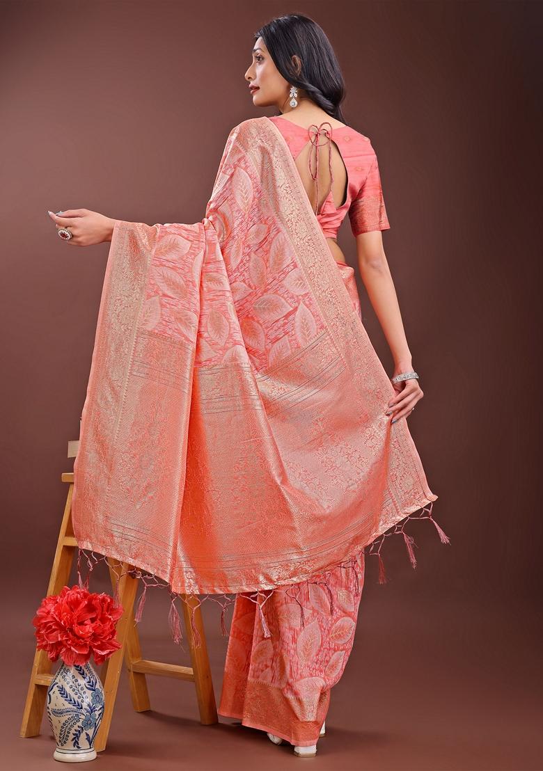 Peach Zari Work Cotton Saree Set