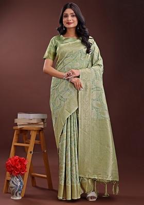 Light Green Zari Work Cotton Saree Set