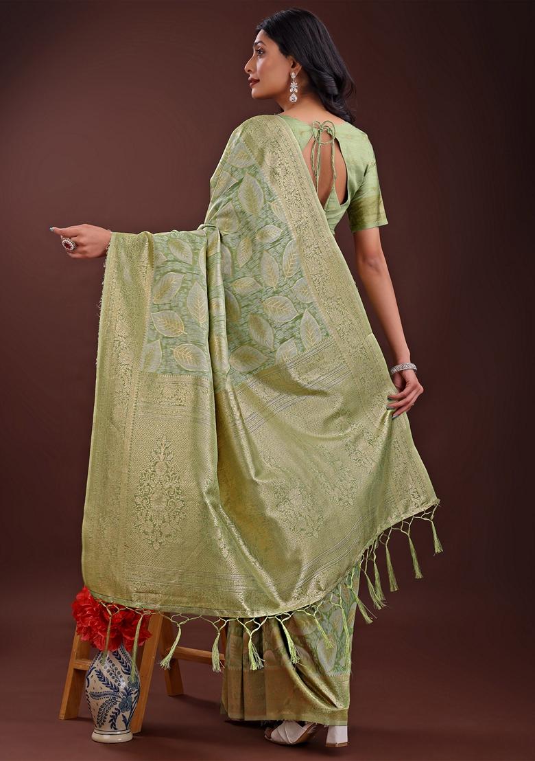 Light Green Zari Work Cotton Saree Set