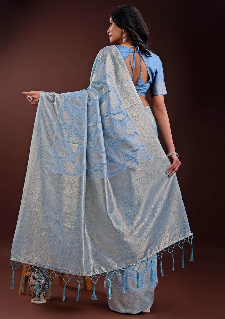 Sky Blue Zari Work Cotton Saree Set