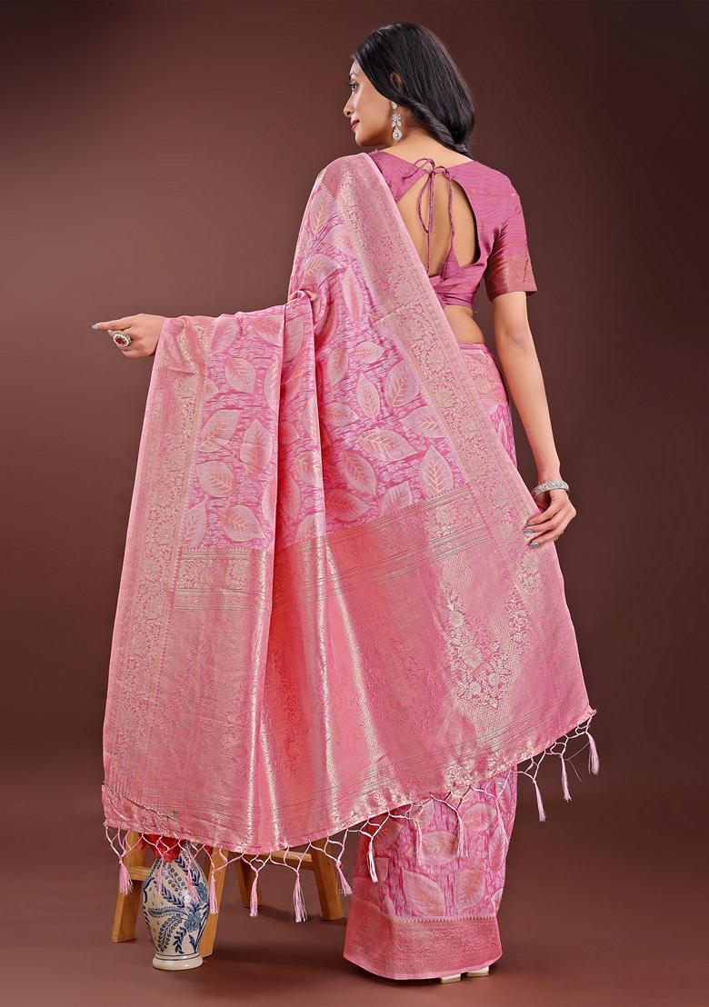 Pink Zari Work Cotton Saree Set