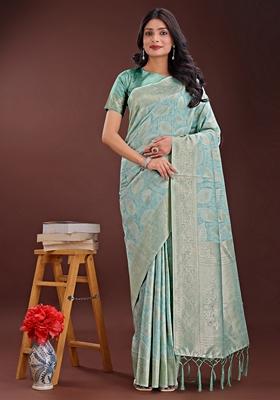 Sea Green Zari Work Cotton Saree Set