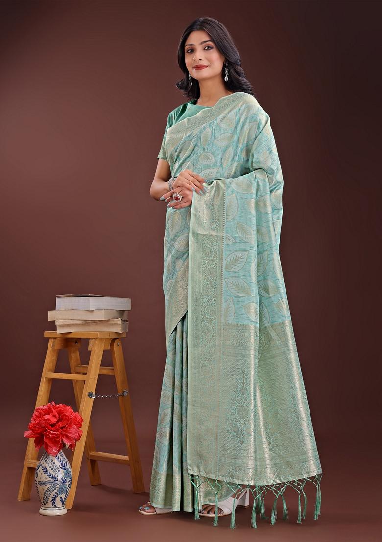 Sea Green Zari Work Cotton Saree Set