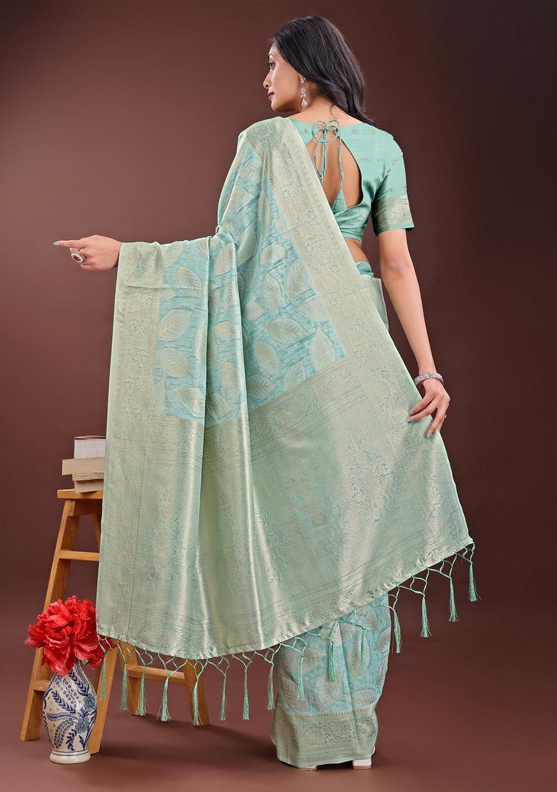 Sea Green Zari Work Cotton Saree Set