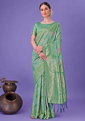 Green Zari Work Cotton Saree Set