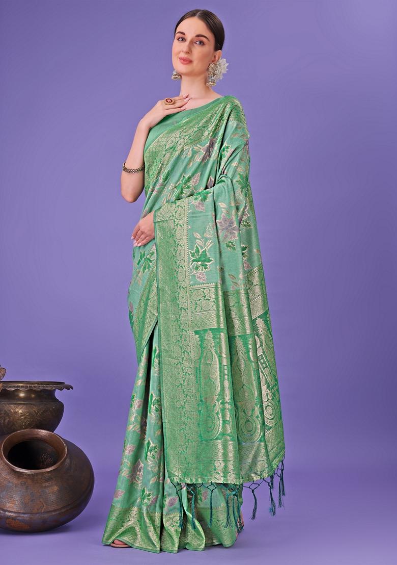 Green Zari Work Cotton Saree Set