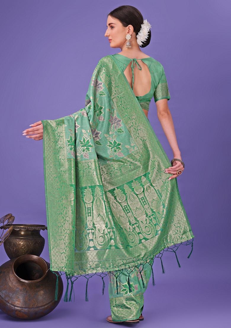 Green Zari Work Cotton Saree Set