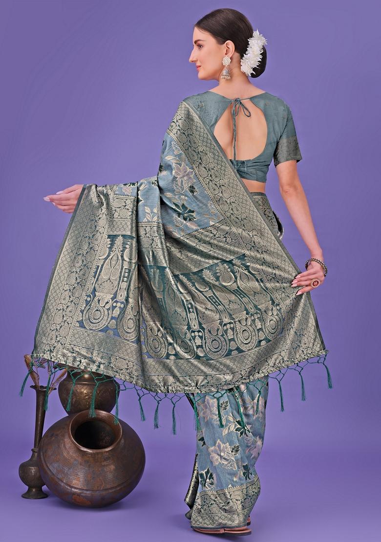 Teal Blue Zari Work Cotton Saree Set