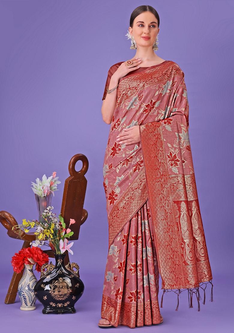 Red Zari Work Cotton Saree Set