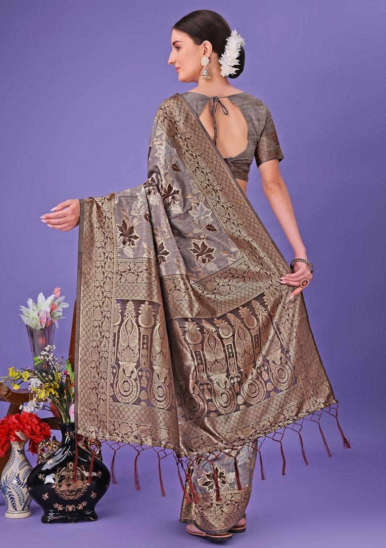 Grey Zari Work Cotton Saree Set