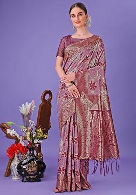Purple Zari Work Cotton Saree Set