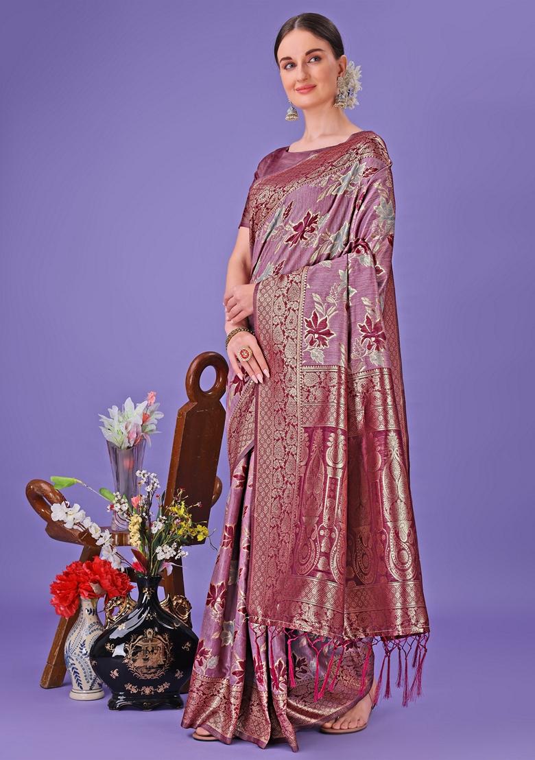 Purple Zari Work Cotton Saree Set
