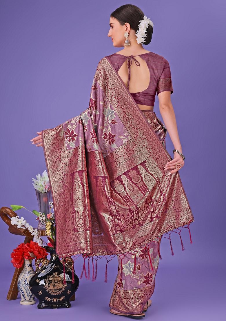 Purple Zari Work Cotton Saree Set