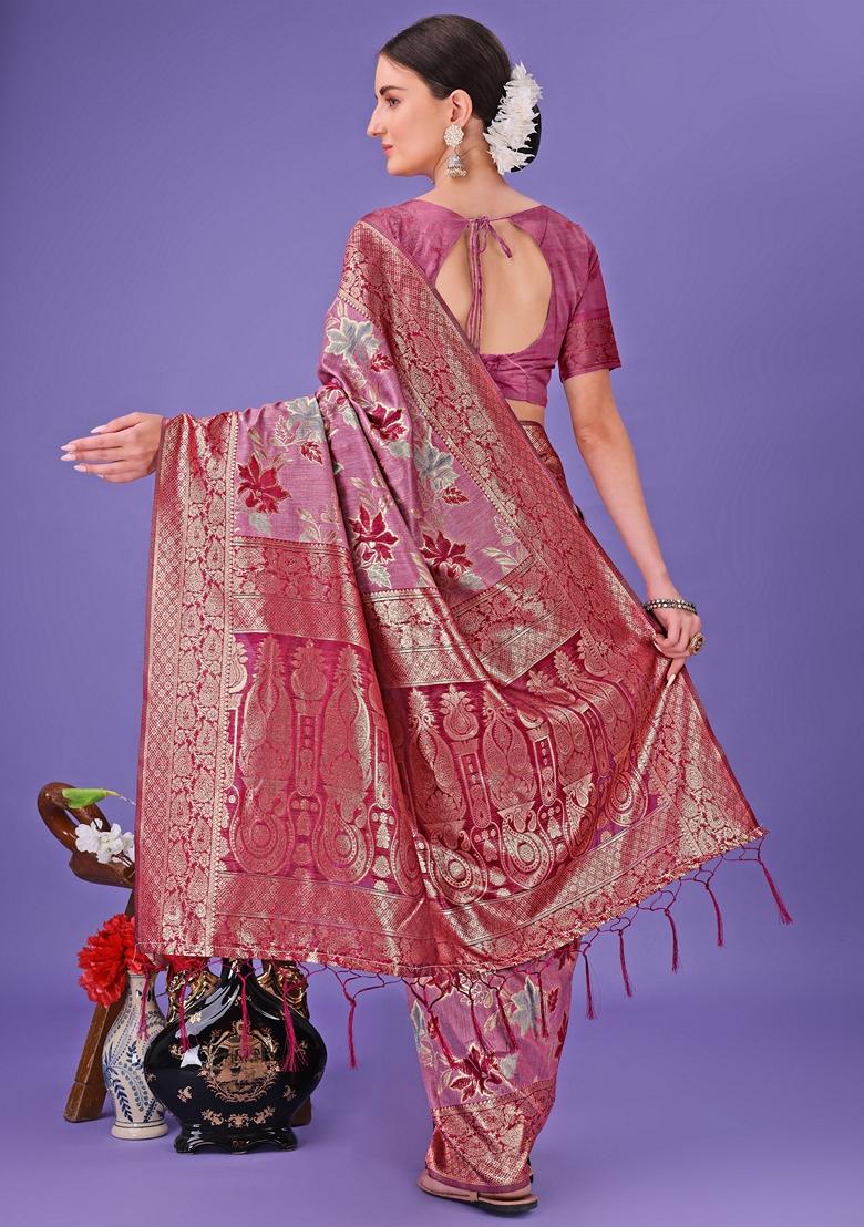 Pink Zari Work Cotton Saree Set