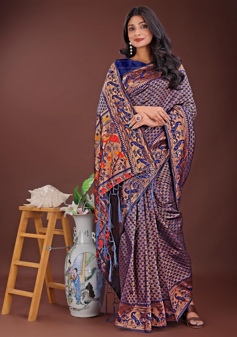 Navy Blue Zari Work Silk Saree Set