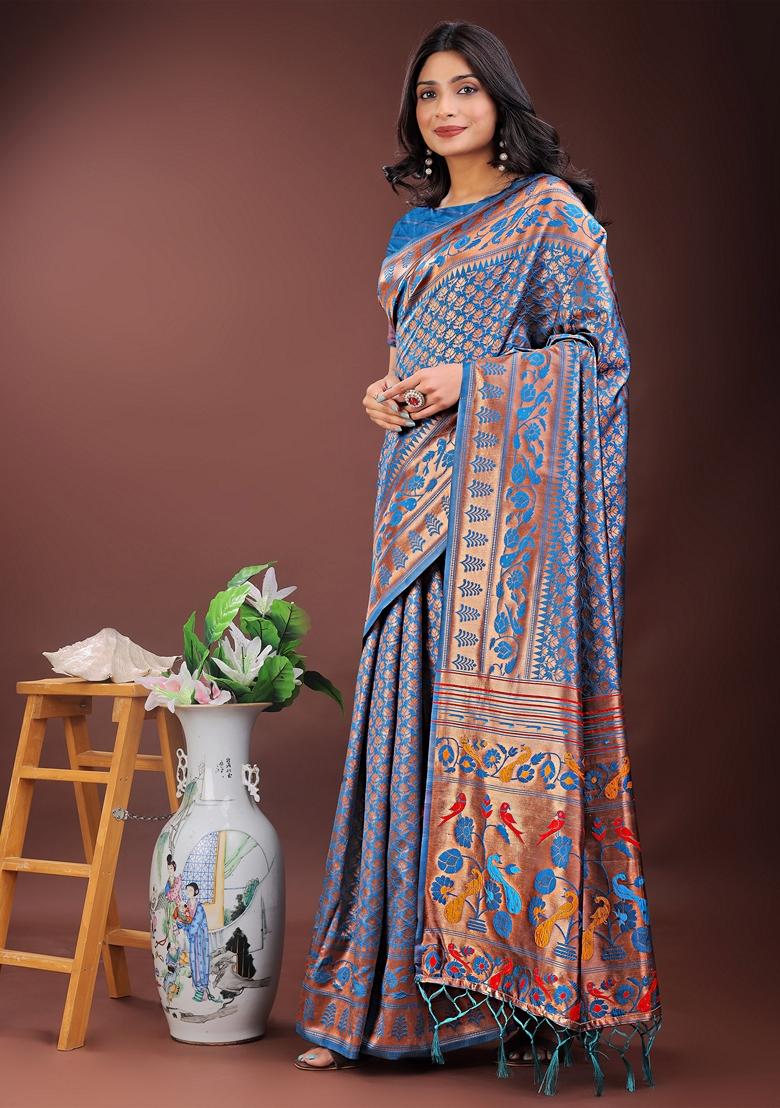 Blue Zari Work Silk Saree Set