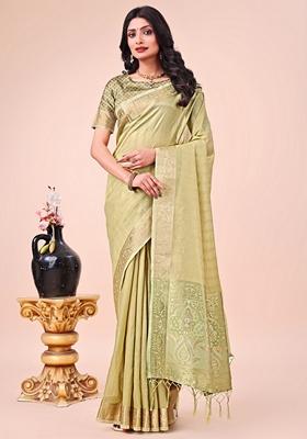 Olive Green Printed Organza Saree Set
