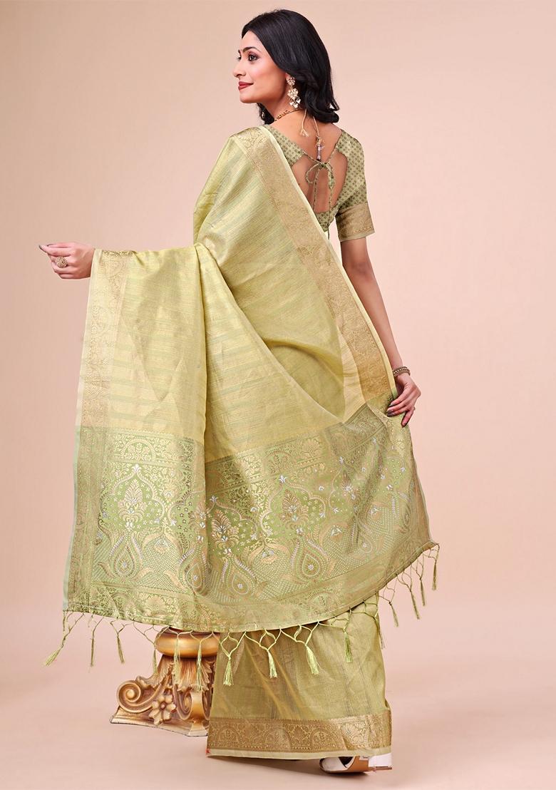 Olive Green Printed Organza Saree Set