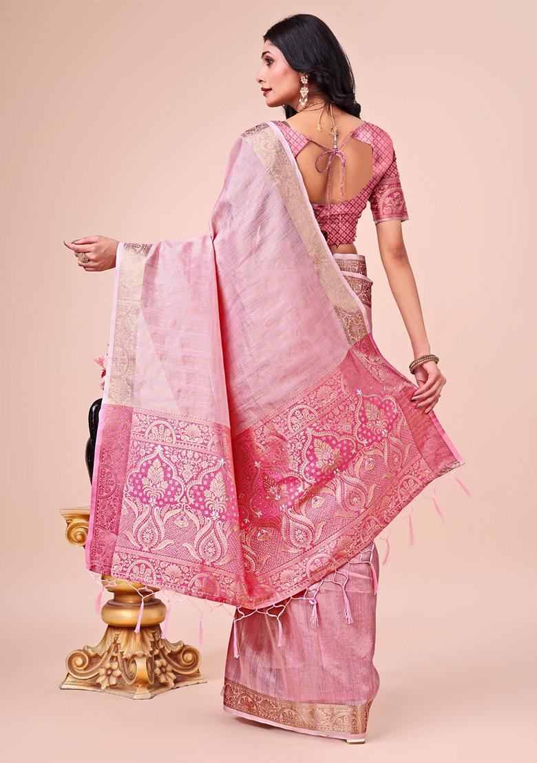 Pink Printed Organza Saree Set
