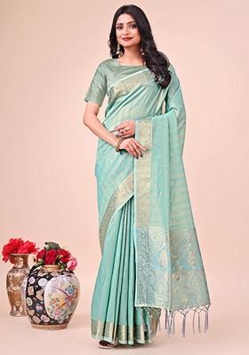 Teal Blue Printed Organza Saree Set