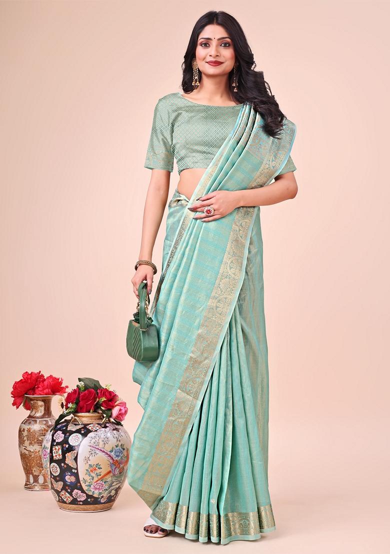 Teal Blue Printed Organza Saree Set