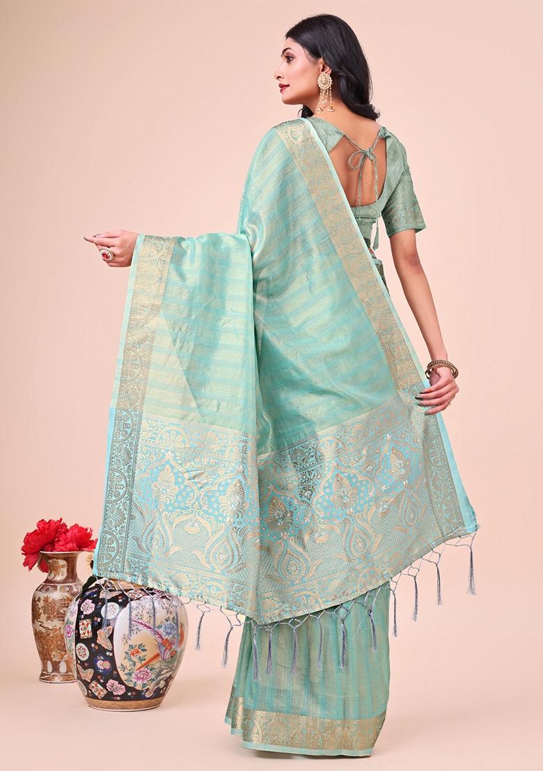 Teal Blue Printed Organza Saree Set