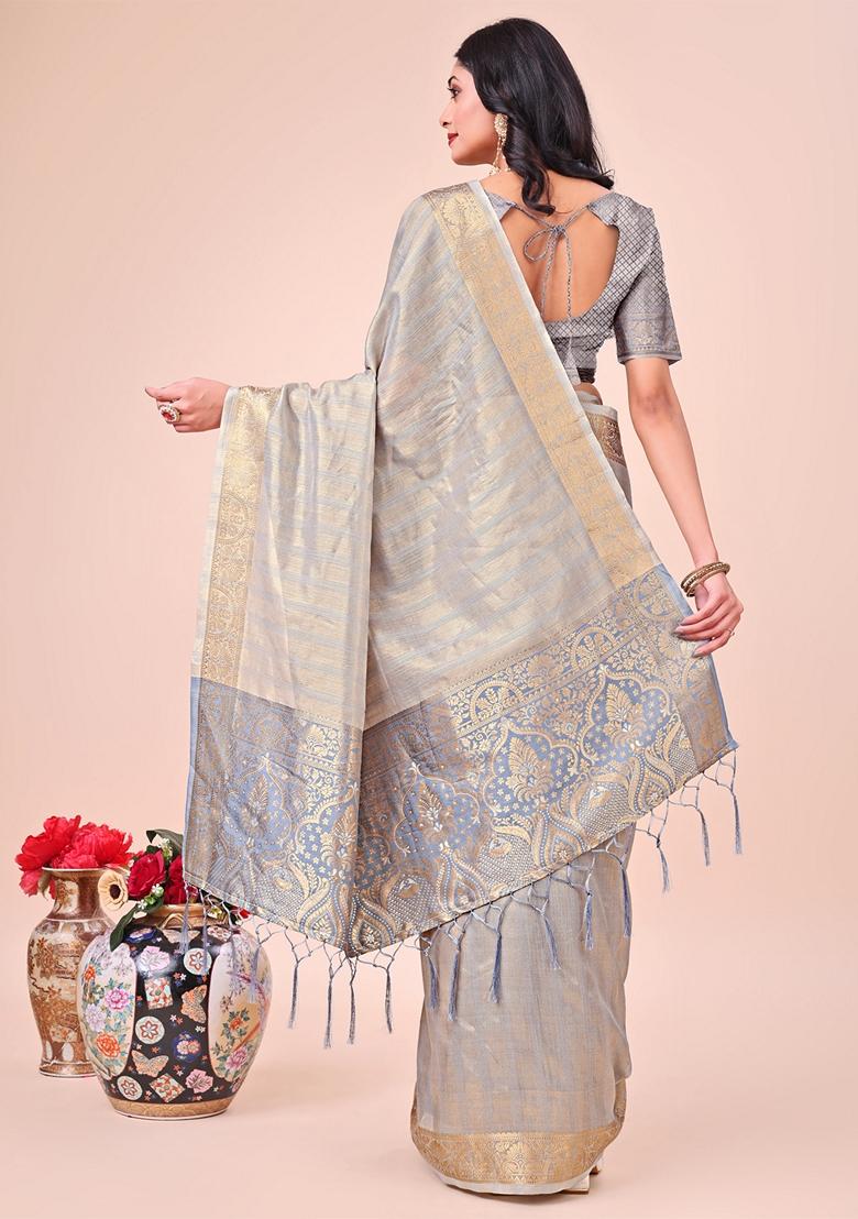 Grey Printed Organza Saree Set