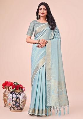Sky Blue Printed Organza Saree Set