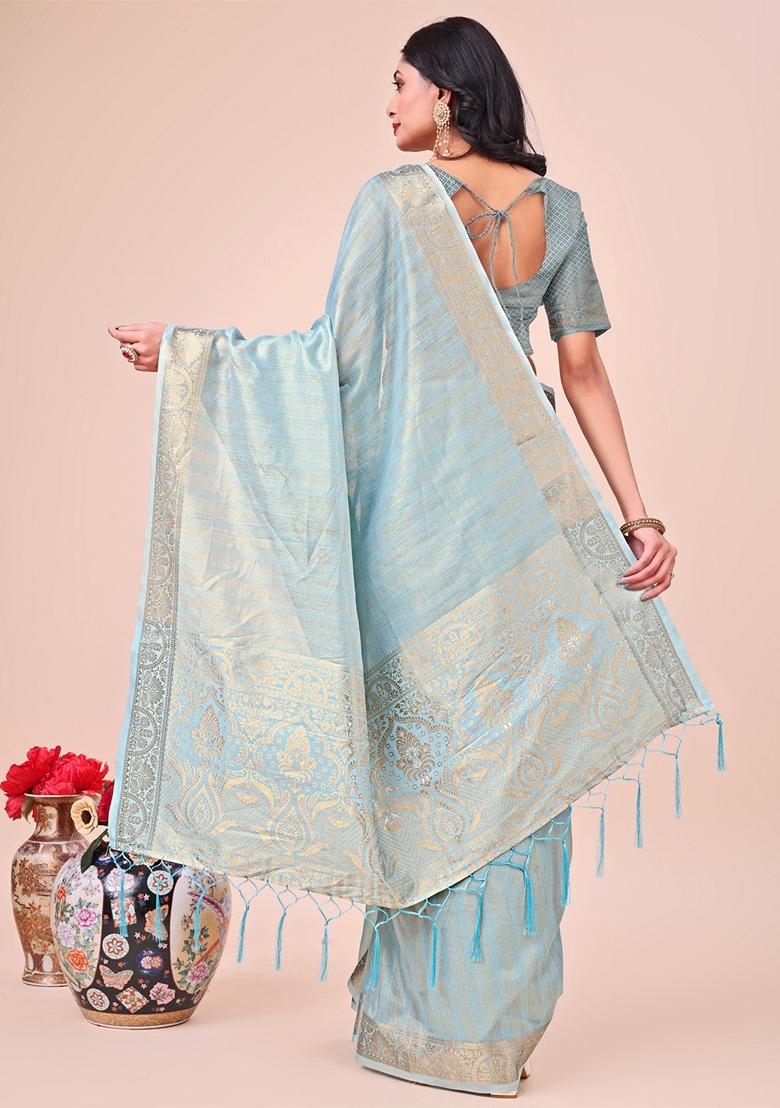 Sky Blue Printed Organza Saree Set