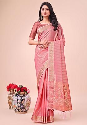 Peach Printed Organza Saree Set