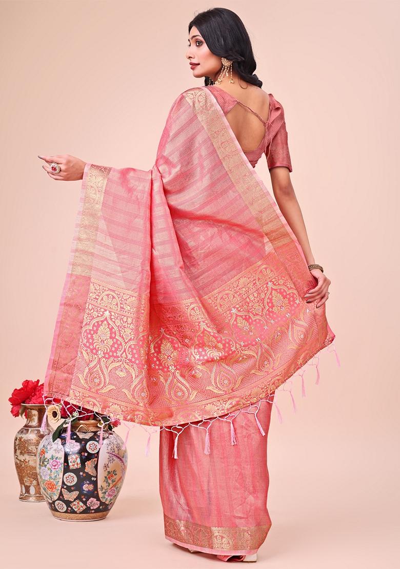 Peach Printed Organza Saree Set