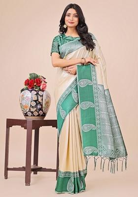 Cream Zari Work Lichi Silk Saree Set