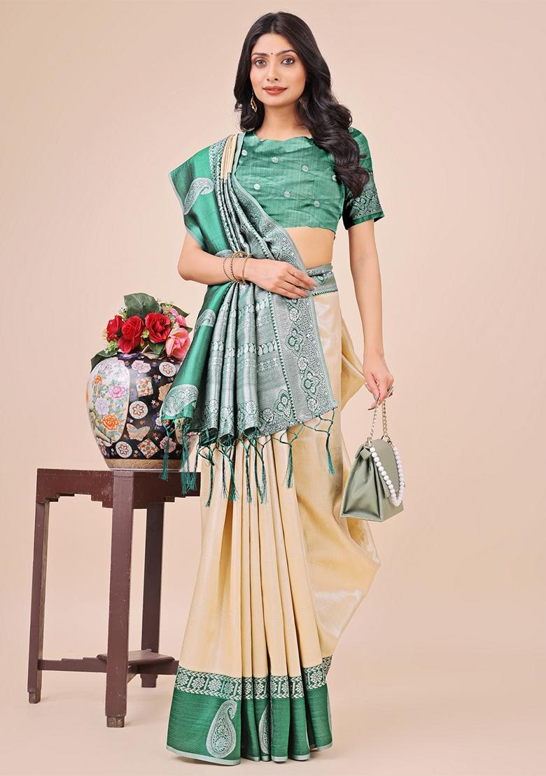 Cream Zari Work Lichi Silk Saree Set