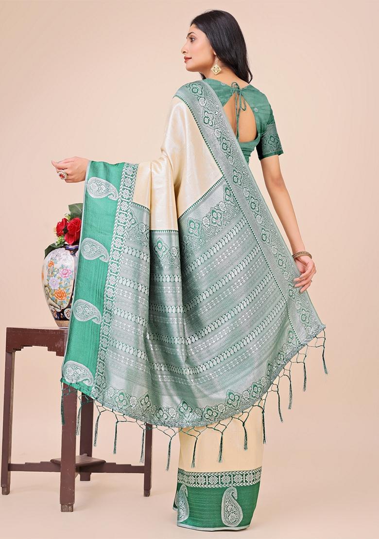 Cream Zari Work Lichi Silk Saree Set