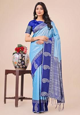 Sky Blue Zari Work Lichi Silk Saree Set